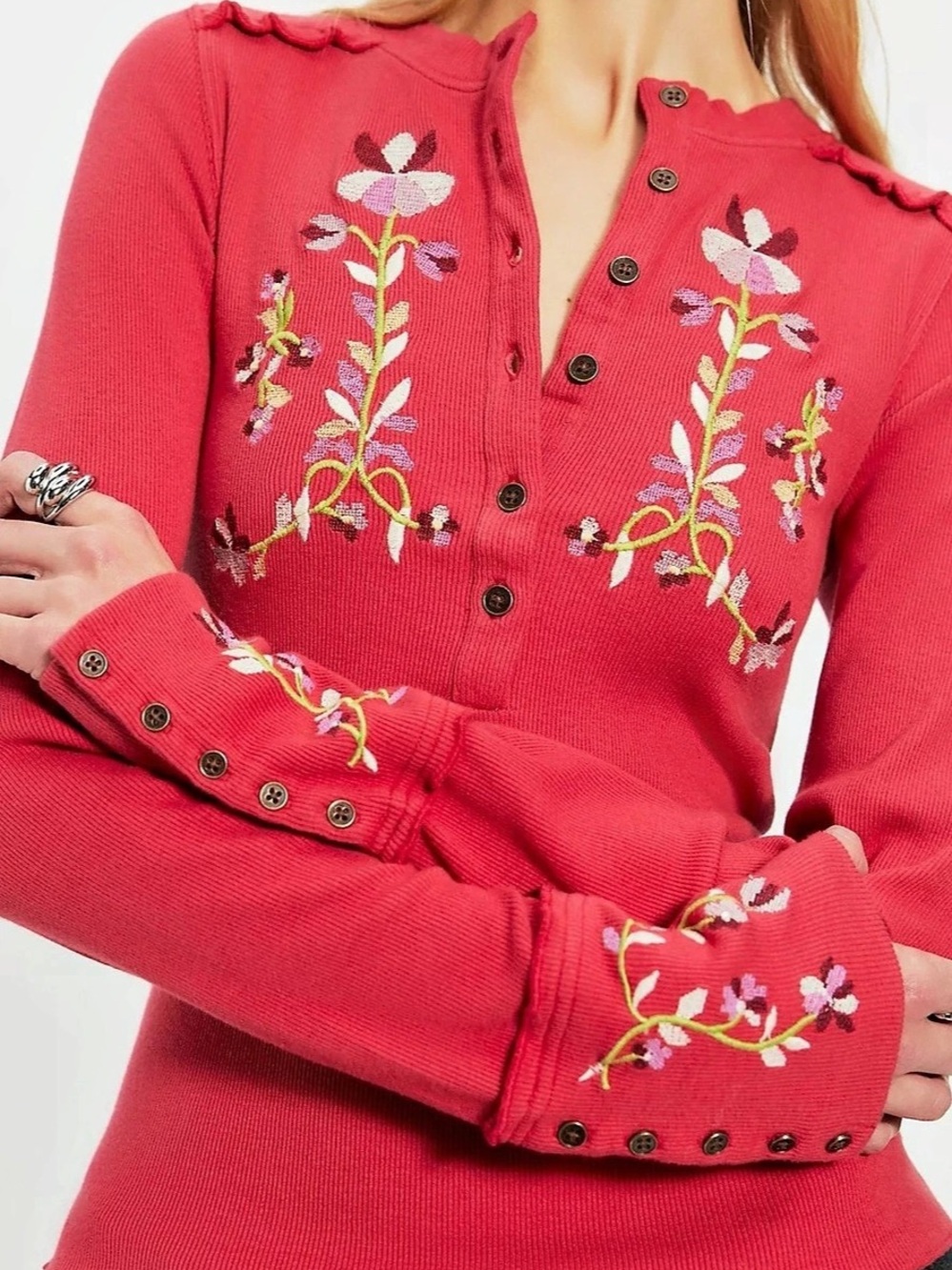 Free People Fleur Embroidered Cuff Henley Long Sleeve Top Pink